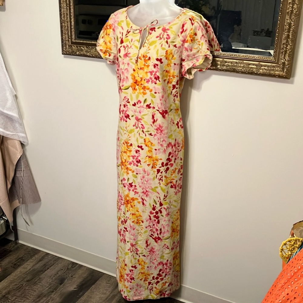 Liz Claiborne Floral Linen Maxi Dress in Sage, Yellow, Orange, and Pink Sz 10
